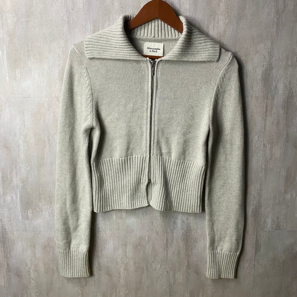 Abercrombie & Fitch Cardigan Women XS Oatmeal Ribbed Zip Up Sweater Cozy